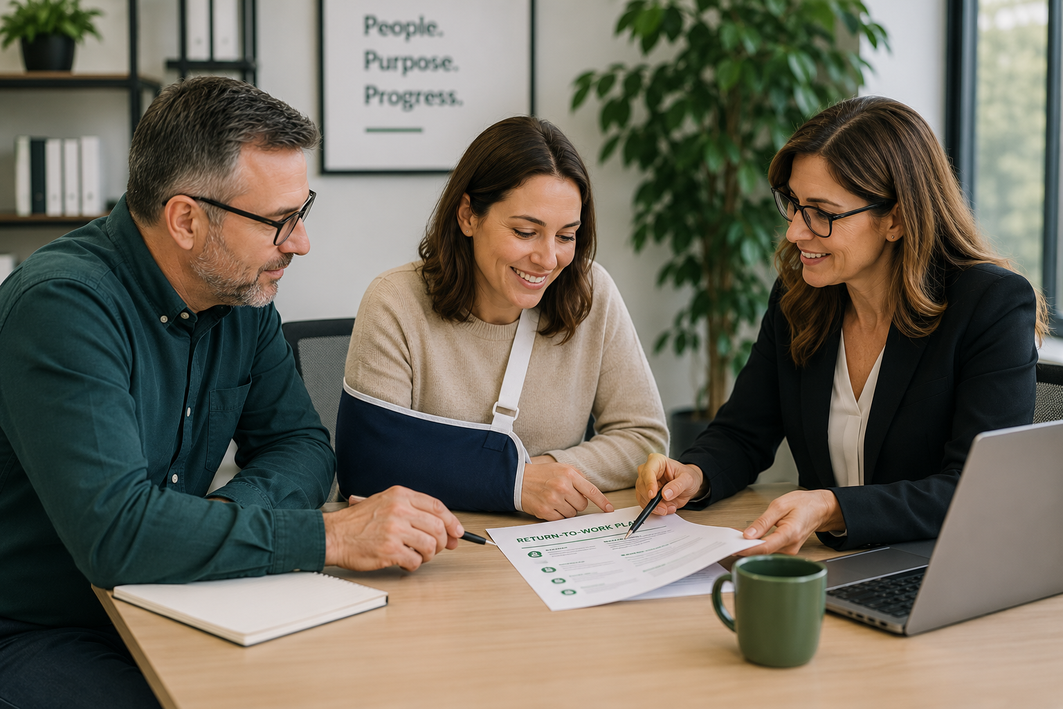 An employer, an injured employee, and a recovery advocate reviewing a practical return-to-work plan