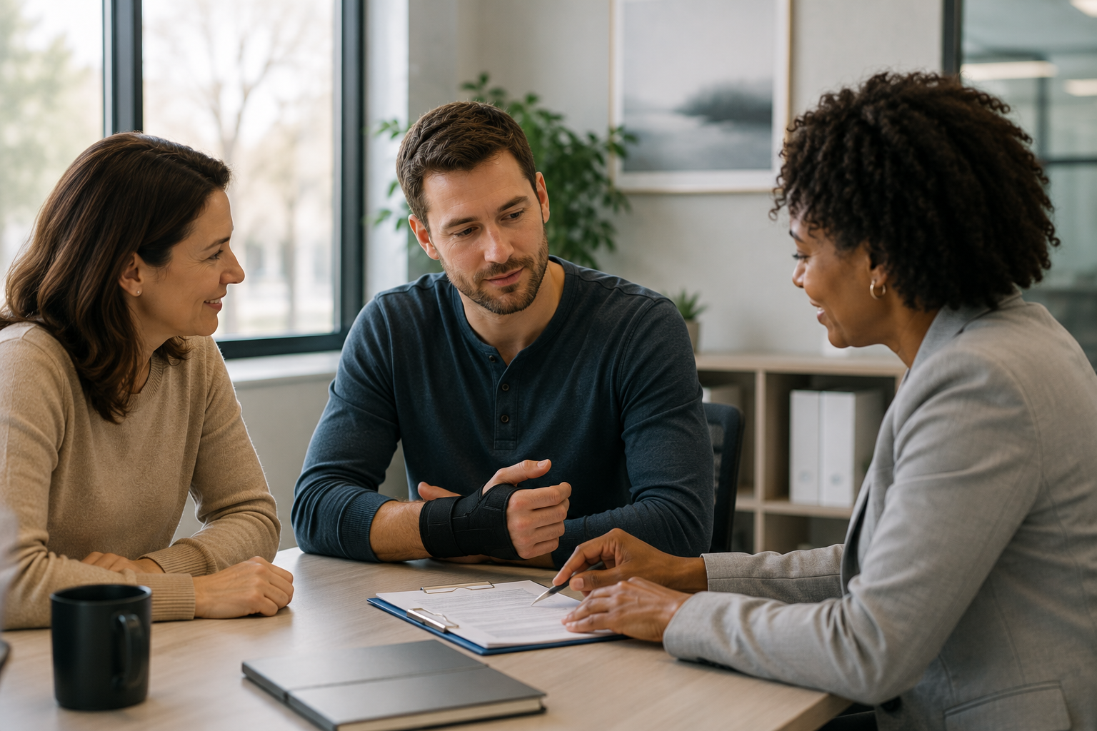 An employer, an injured employee, and a recovery advocate collaborating in a workplace