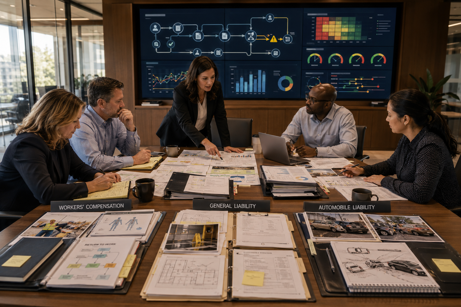 Professionals collaborating on workers' compensation and liability strategy